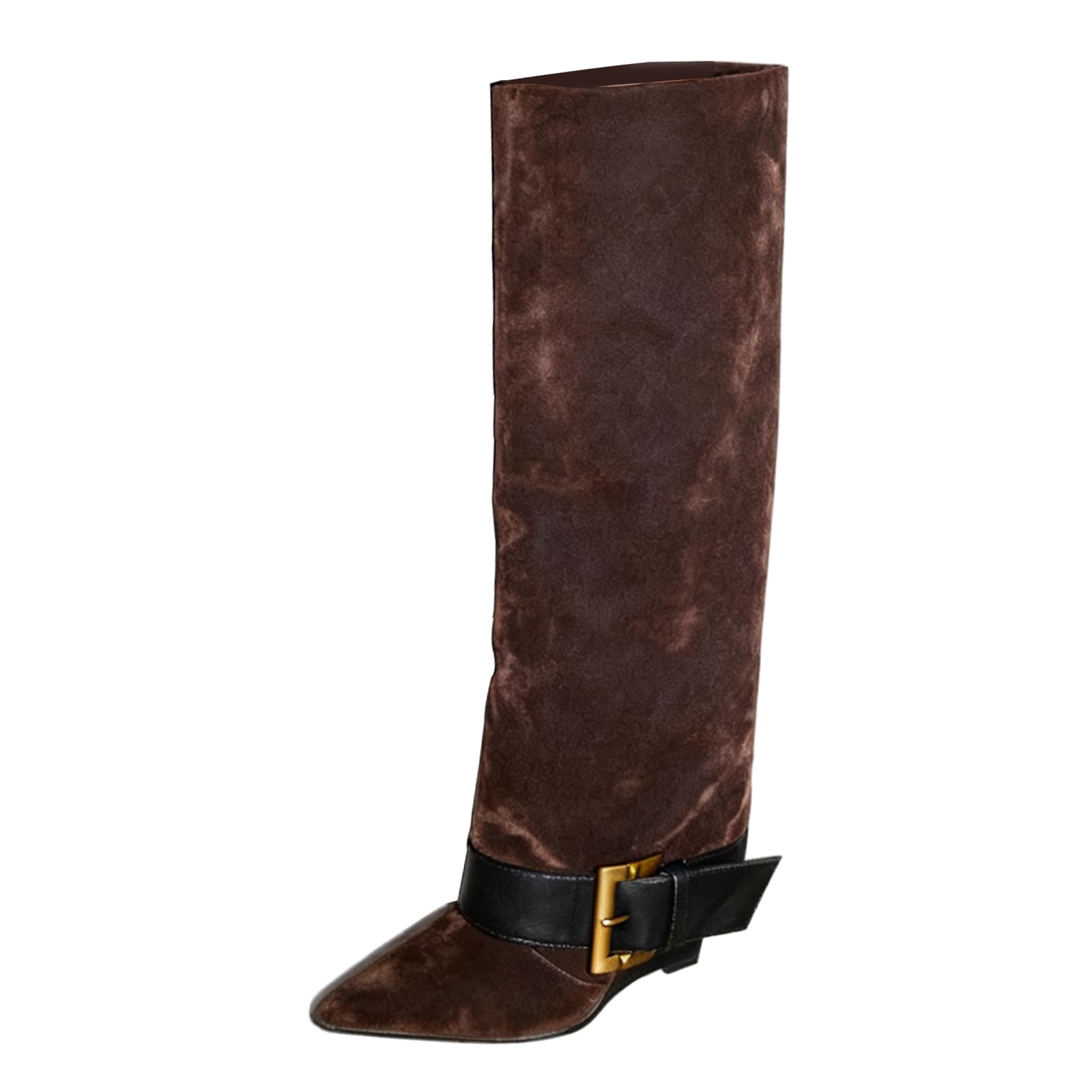 Goolita Buckle Fold Over Boots For Women Sexy Wedge Heels Pointed Toe Knee High Boots Fashion Comfortable Slip