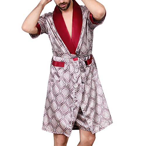 Lu's Chic Men's Satin Kimono Robe Silk Short Sleeves Summer Bathrobe Pockets Nightgown Robes
