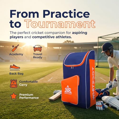 Image of WHITEDOT SPORTS Teal Cricket Kitbag - Navy Blue & Orange | Large Capacity Backpack Duffle with Separate Bat Pocket | Stylish & Durable Cricket Equipment Bag for All Players