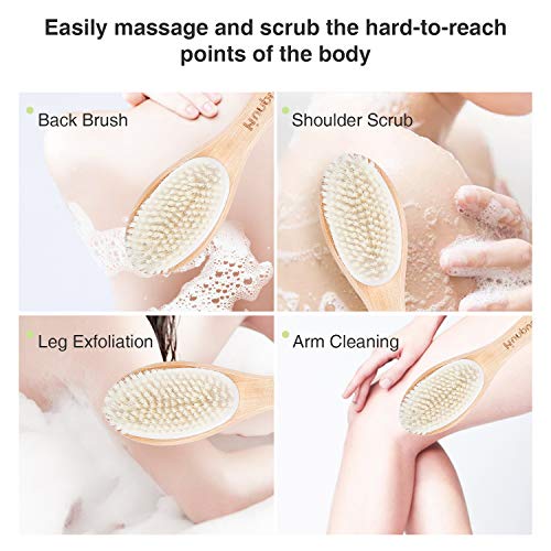 Shower Brush, Bath Body Exfoliating Cleaner Brushes with Long Wooden Handle, Natural Soft and Stiff Massage Bristles for Wet/Dry brushing, Back & Foot Cleaning Scrubber for Women & Man (Wooden) - Thumbnail 3