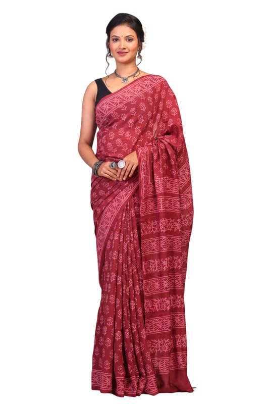 Women's Maroon Bhagalpuri Cotton Silk Printed Border Hand Block Ethnic Saree With Blouse_AAFS1078-FS-picture-24