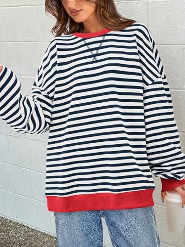 Image of PRETTYGARDEN Womens Striped Oversized Sweatshirt Color Block Crew Neck Long Sleeve Casual Loose Pullover Top Y2K Clothes