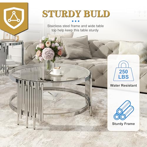 Round Glass Coffee Table Set of 3, End Table Modern Living Room Table, Gold Stainless Steel Irregular Leg Clear Top, Side Table Luxury Furniture for Home Office, Silver Clear - Image 6