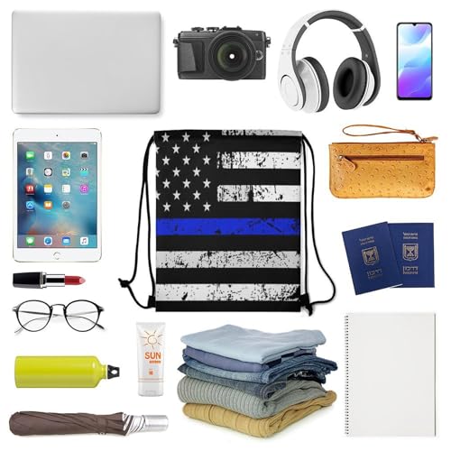 Image of Yoga Drawstring Bag Gym Sackpack String Backpack Waterproof for Sports Beach Swimming Lightweight Men Women, American Thin Blue Line Flag Day Bags