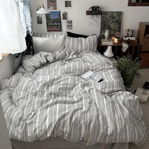 Image of mixinni Washed Cotton Duvet Cover Twin Set - 3 Piece Gray & White Striped Bedding with Pillowcases | Vintage Industrial Style | 100% Cotton Soft Breathable-Twin Size
