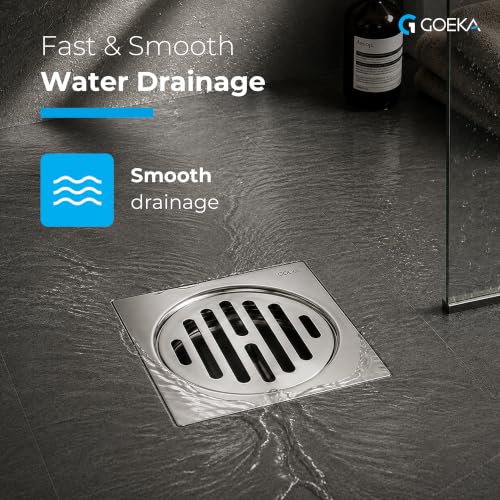 Image of GOEKA Square Lock Grating Stainless Steel Floor Drain 5 inch | Chrome Finish | Double Hole Locking Jali /Trap Floor Drain for Bathroom & Kitchen | Pack of 2 | SS 304 Shower Water Drainer