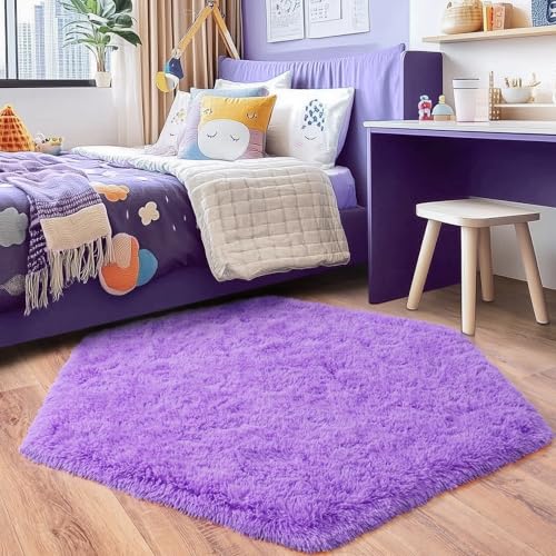 4x4.6 Feet Purple Hexagon Rugs for Bedroom, Ultra Soft Fluffy Hexagon Area Rug for Kids Room, Cute Shag Rugs for Boys Girls Room, Fuzzy Plush Carpet for Tent Castle Home Decor