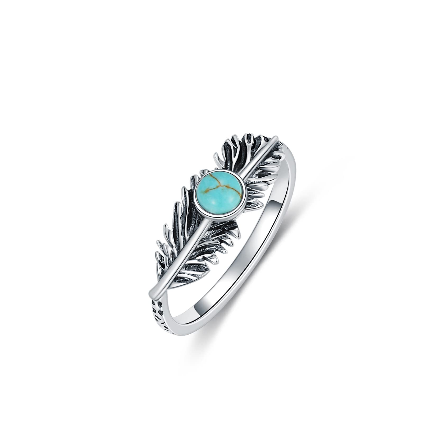 BETHZA Feather Ring Genuine Turquoise Feather Rings for Women Her 925 Sterling Silver Oxidized Western Ring Navajo Jewelry Gift for Birthday Mother's