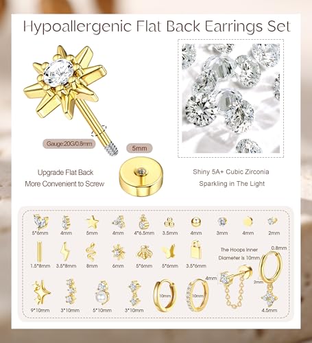 Jstyle 25 Pcs Hypoallergenic Earrings for Sensitive Ears Surgical Stainless Steel Earrings for Women Dainty Flat Back Earring Studs Hoop Cartilage Earring for Multiple Piercing-Single2