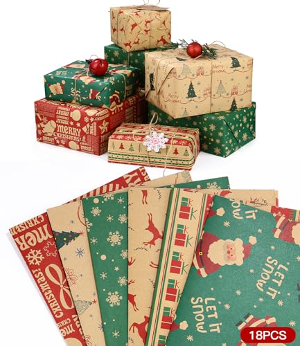 Papel de presente Kraft Natal, 18 papel de presente reciclável, coleção elementos natalícios, 6 diferentes padrões de papel, papel de embrulho presente infantil para o Natal, ano novo, aniversário (70