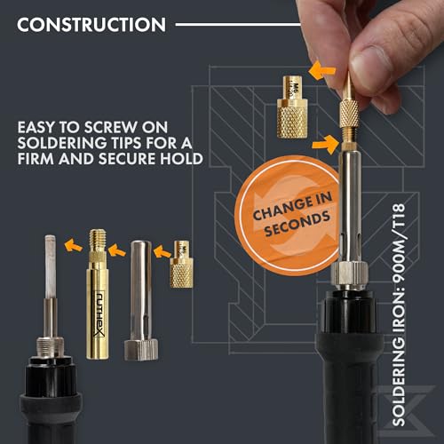 Image of ruthex 7X Soldering Tips /Heat Set Insert Tips - for Thread Inserts M2 / M2.5 / M3 / M4 / M5 / M6 / M8 - #2-56 / #4-40 / #6-32 / #8-32 / #10-24 1 /4 inch and Soldering Iron Adapter 900M / T18