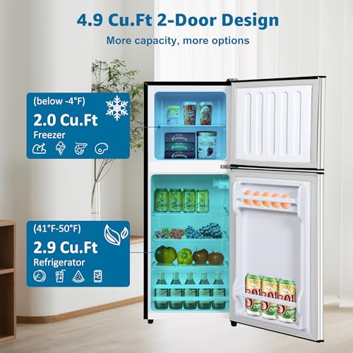 Image of 4.9 Cu. Ft. Mini Fridge with Freezer, Compact Refrigerator with Adjustable 7-Level Thermostat, Double-Door Fridge for RV, Kitchen, Office, Silver