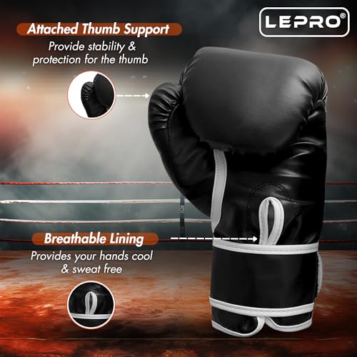 Image of LEPRO Boxing Gloves, PU Leather Boxing Gloves for Men & Women for Training and Match Boxing Gloves for Karate Muay Thai Kick Taekwondo Training (10oz, Black)