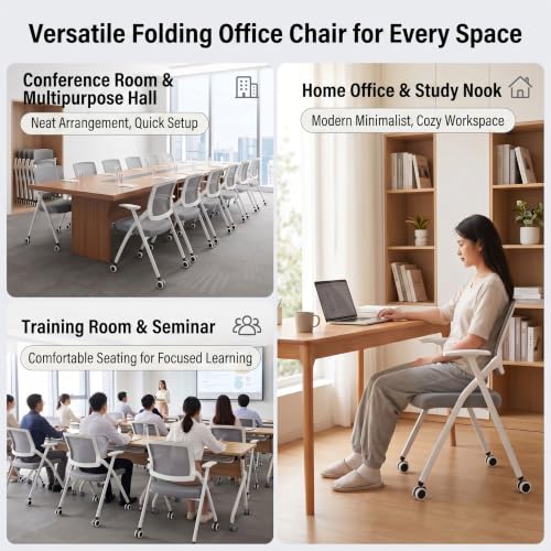 Image of Folding Office Chair Conference Room Chair with Armrest Mesh Back, Stackable Foldable Office Chair for Guest Reception Meeting Classroom Training Seminar (50, Gray- with Wheel)