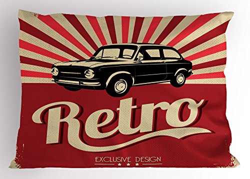 Ambesonne Cars Pillow Sham, Retro Poster Design Nostalgic Black Car Automotive Industry Old Fashioned Grunge, Decorative Standard Size Printed Pillowcase, 26