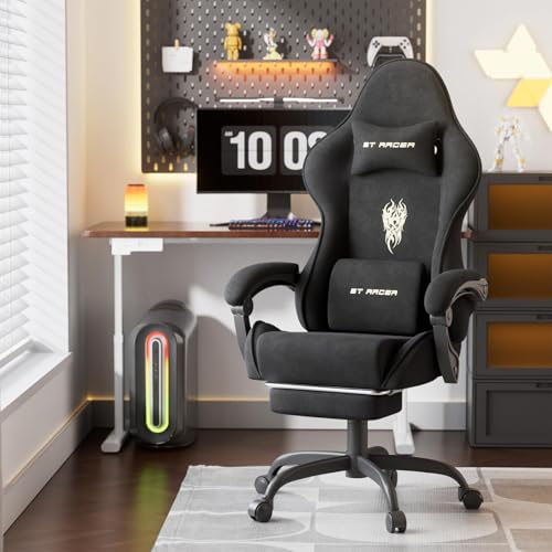 WoRaum Chaise Gaming Chaise Ergonomique Bureau,Fauteuil Game Repose-Pieds Rétractable & Dossier Réglable,Confort Tissu Velours, Noir