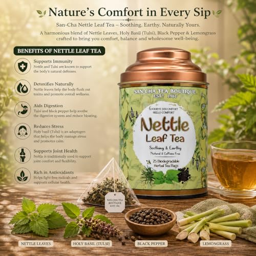 Image of Sancha Tea Boutique, Nettle Leaf Tea, 25 Pyramid Bags, Caffeine Free Herbal Tisane, Harvested in the Himalayas, Inflammation & UTI support