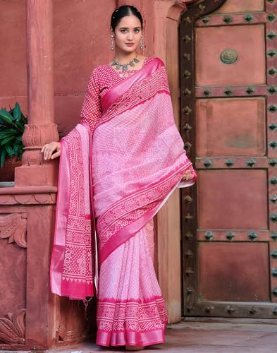Image of SIRIL Women's Cotton Linen Printed Zari Border Saree with Unstitched Blouse Piece