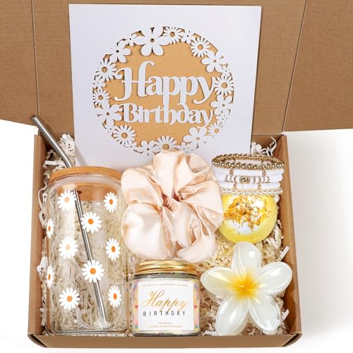 iAOVUEBY Birthday Gifts for Women, Her, Teen Girl Gifts, Happy Birthday Gift Box for Girl, Women, Sister, Daughter, Friend, Friendship, Cute Sunflower Sunshine Glass Cup Gift Set 7PCS, 16oz, Yellow