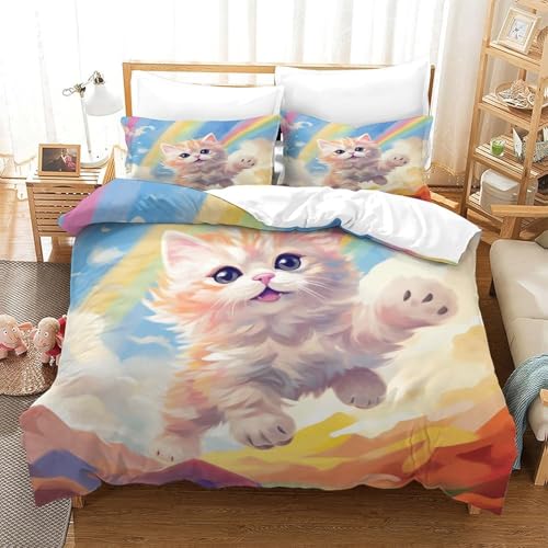 Housse de couette chat 135x200 cm avec 2 taies d'oreiller en microfibre imprimée 3D
