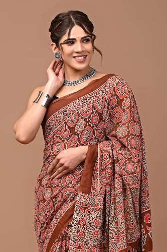 Image of Crafts Moda Hand Block Ajrakh Print Cotton Saree for women with Blouse | Soft comfortable wear sari