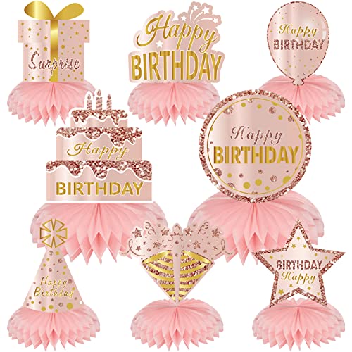 Pink Rose Gold Birthday Honeycomb Centerpieces Decorations For Women Girls, 8Pcs Rose Gold Happy Birthday Table Centerpieces Party Supplies, 10Th 16Th 21St 30Th 40Th 50Th 60Th Bday Table Topper Sign #TOP5