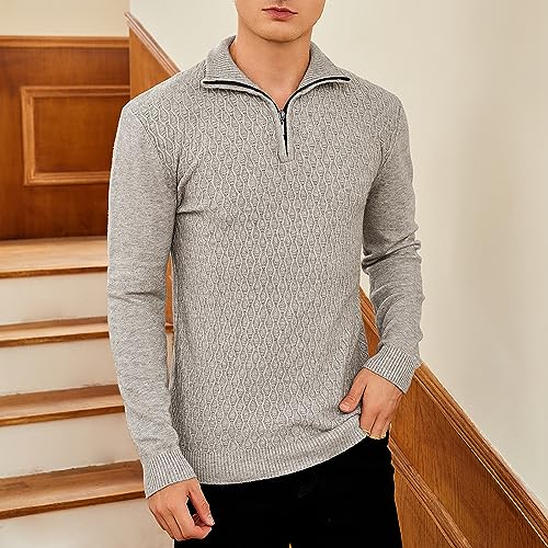 Men's Casual Cable Knit Zip Up Long Sleeve Polo Sweater Mock Neck Pullover Sweater4