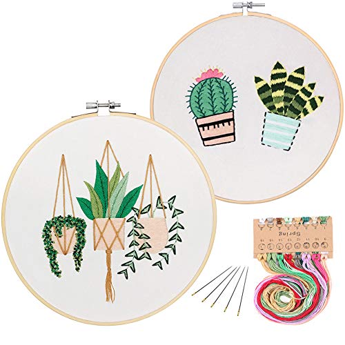 2 Pack Embroidery Starter Kit with Pattern, Kissbuty Full Range of Stamped Embroidery Kit Including Embroidery Fabric with Pattern, Bamboo Embroidery Hoop, Color Threads and Tools Kit (Cactus Plants)