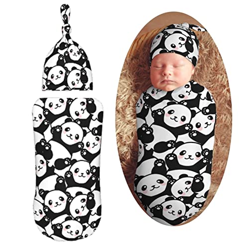 Image of Muishi Blak White Panda Bear Pattern Newborn Swaddle Blankets Hat Sets Soft Baby Receiving Blanket Swaddle Sack for Baby Shower Infant Boy Girl Gift
