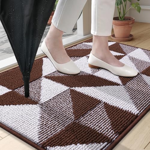 Image of OLANLY Door Mat Indoor Entrance Washable 36x24, Odor-Free Low-Profile Front Back Geometric Doormat, Absorbent Resist Dirt Entry Carpet, Easy to Clean Sturdy Floor Mats for Entryway, Dark Brown