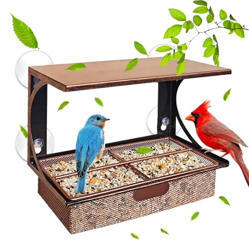 Window Bird Feeder with Strong Suction Cups, Metal Bird Feeders for Outdoors Birdwatching Gifts for Cats & Nature Lovers