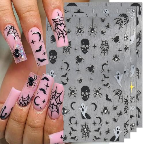 IDDFEVE Halloween Spooky Nail Stickers, 4 Sheets Rhinestone Spider Web Self-Adhesive 3D Nail Art Decals for DIY Black Bat Skull Manicure
