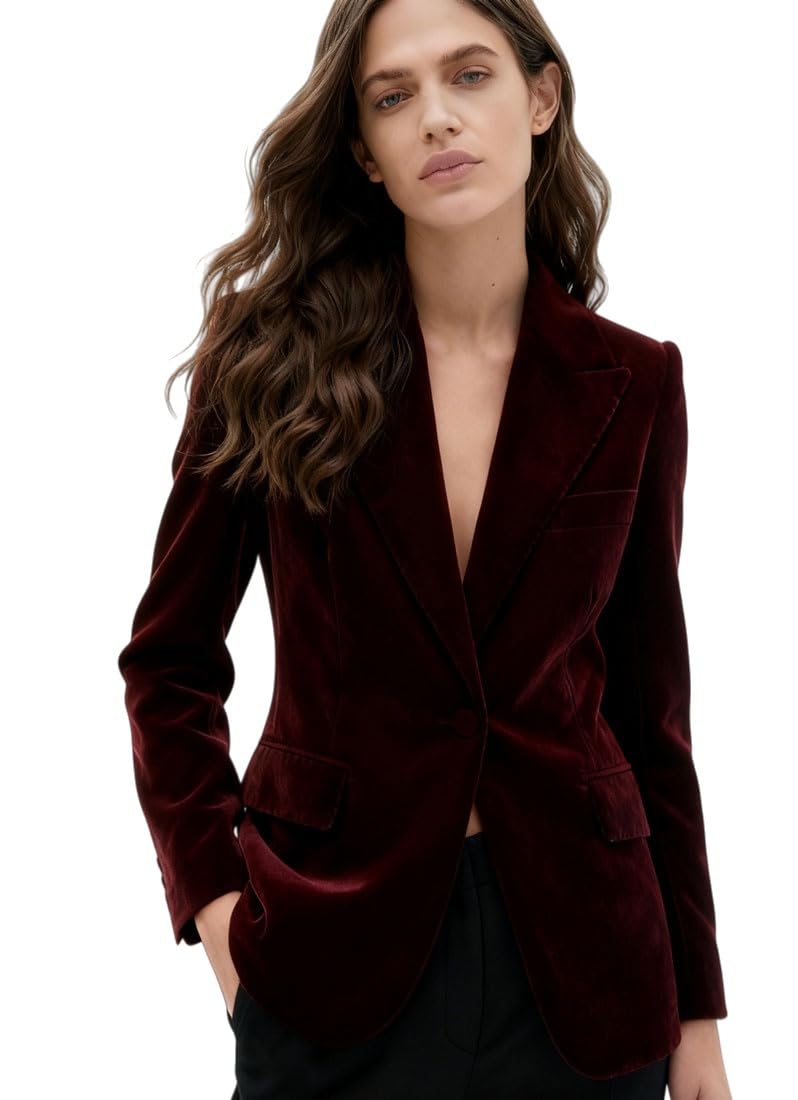 Botong Womens Velvet Blazer One Button Office Lady Suit Jacket Prom Party Blazer for Winter Burgundy L