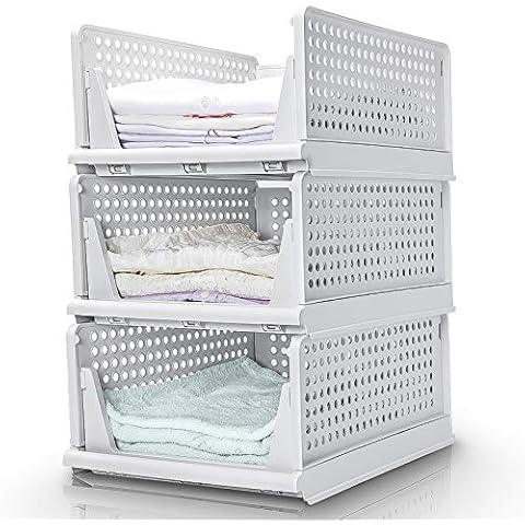 Yorbay Stackable Wardrobe Organiser, 3 Pack, Clothing Storage Box, Pull Out Drawer Dividers, Foldable Plastic Baskets Bin Cubes Shelves for Home Office Closet Bedroom, Beige, Reusable (43x33x19cm) Cover