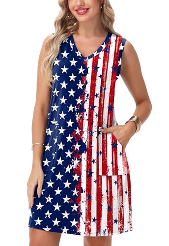 Image of Deerose Womens July 4th Sleeveless Dress American Flag Swim Cover Up Dress with Pockets