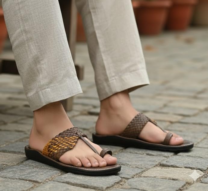 Image of Men's Brown Kolhapuri Chappal - Genuine Leather Ethnic Slippers for Men | Traditional Gents Chappal | Original Leather Slippers for Men