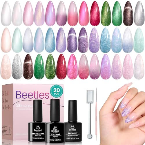 Image of Beetles Pastel Gel Nail Polish Set, 20 Color Magnetic Cat Eye Shimmer Gel Polish Kit with Pink Purple Blue Green Colors, Base Coat, Glossy Matte Top Coat, UV LED Home Manicure Nail Art Gift for Women