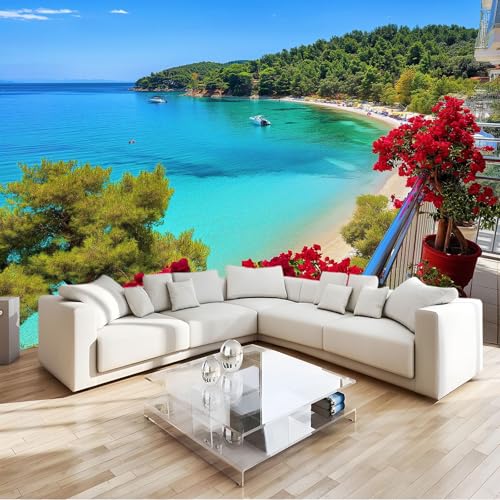 Papel Pintado Verano Playa Azul 200 X 140 Cm, Mural Océano Flores Plantas Papel Pintado Adhesivo Impermeable Vinilopara Muebles Sala De Estar Dormitorio Baño - Moderno Decoración De Paredes