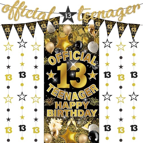 13th Birthday Decorations Party Supplies - 9 Pcs Black Gold Happy Birthday Banners Official Teenager Backdrop Glitter Star Hanging Streamers for Boys and Gilrs Teenager 13 Years Old Party Decoration