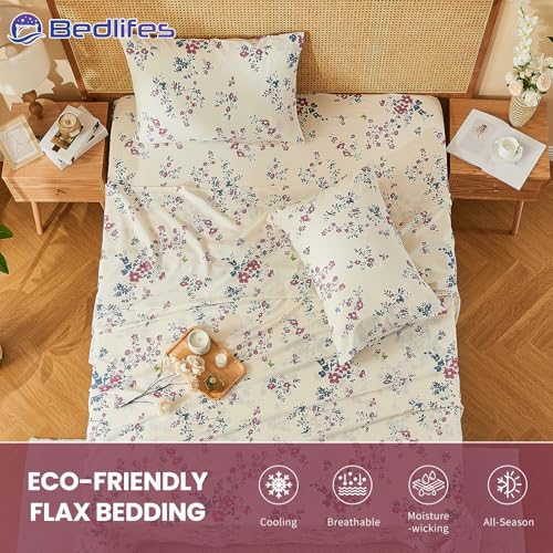 Image of Bedlifes 100% French Linen Floral Queen Bed Sheet Set - 16 inch Deep, 4Pcs | Soft & Durable, Breathable & Cooling, Pure Flax Linen, OEKO-TEX Certified, Moisture-Wicking, Easy Care, Machine Washable