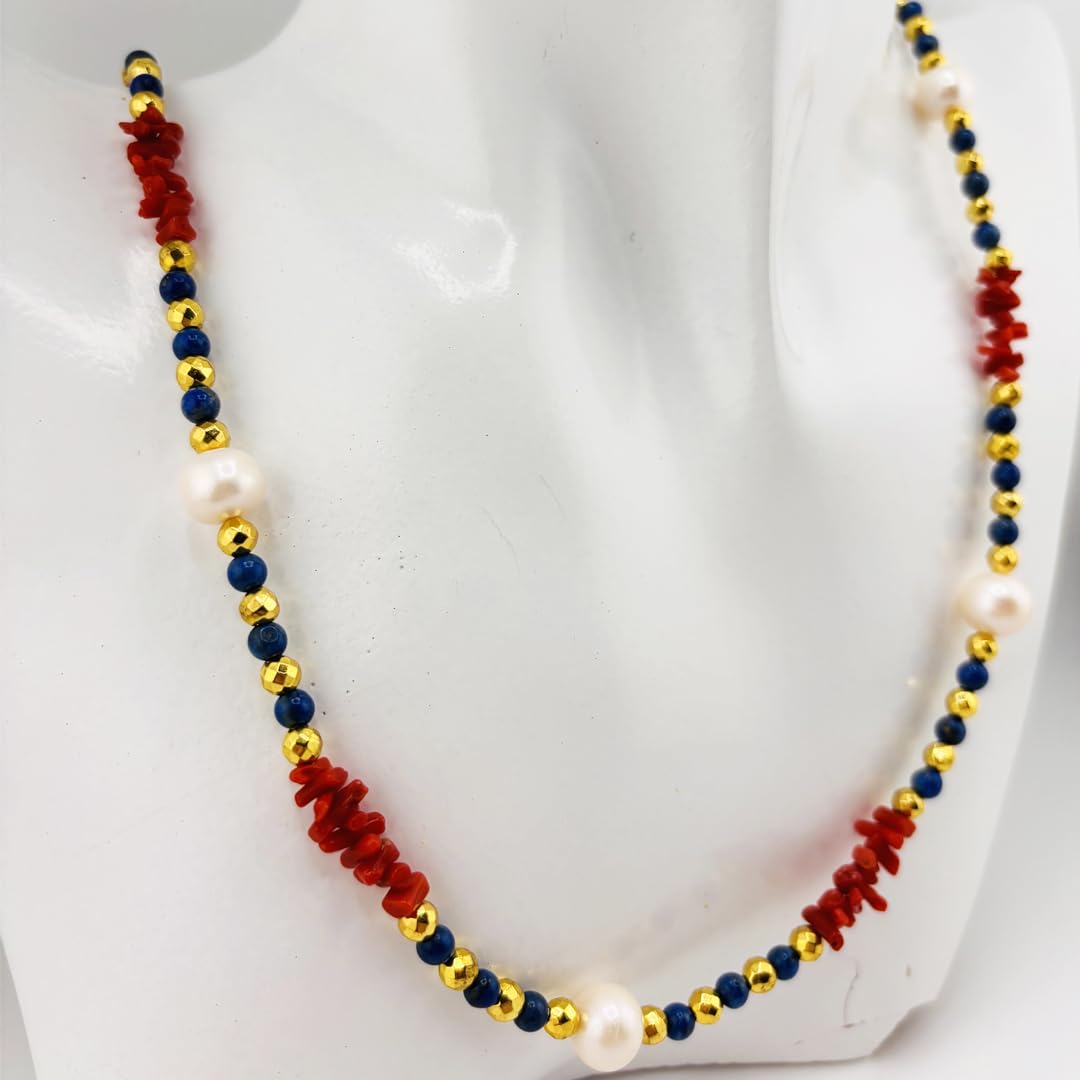 Generico Collana lunga sfere in giada blu cupolini in corallo rosso naturale del Mediterraneo ematite e perla naturali di acqua dolce gioiello artigianale da donna ragazza