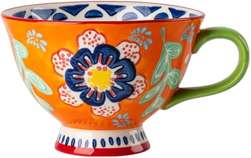 Bicuzat Taza de café de cerámica de gran capacidad con patrón floral pintado a mano, taza de té y leche, taza de desayuno para el hogar, cocina, 14 disponible en Yaxa Peru