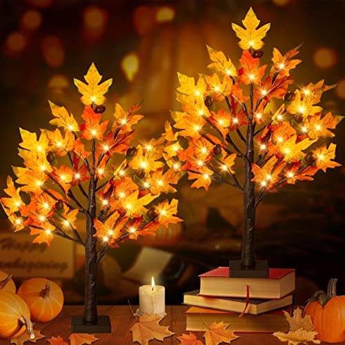 Remon 2Pack Fall Lighted Maple Tree - 2FT 36 LED Thanksgiving Decor Artificial Fall Lights, Battery Operated Tabletop Lamp with 6 Acorns, 6-Hours Timer, for Wedding Party Indoor Outdoor Autumn Decor…