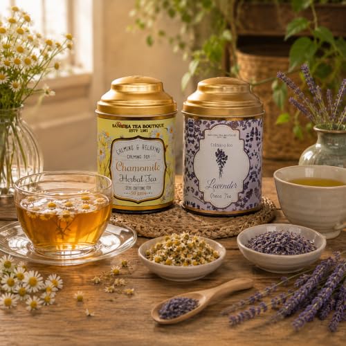 Image of Sancha Tea Boutique, Tea Combo Pack: Chamomile Herbal (50g) & Lavender Green Teas (100g), Loose Leaves, Naturally Calming & Relaxing Tisanes