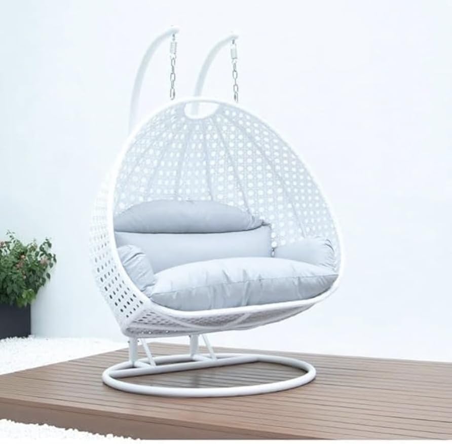 Image of Double Seater Hammock Swing Chair with Stand & Cushion | Heavy Duty Powder Coated Steel Frame | Outdoor Indoor Hanging Swing for Patio Balcony Garden Terrace Living Room (White-Grey)