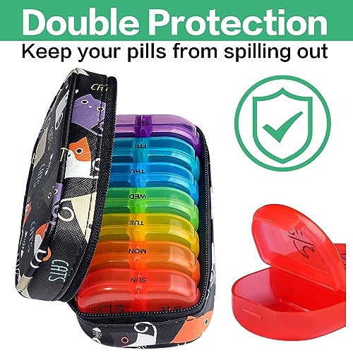 Image of Serfeymi Weekly Travel Pill Organizer 2 Times A Day AM PM Upgraded Rainbow Pill Box 7 Day with Portable Zipper PU Leather Pill Case, Medicine Organizer for Pills, Vitamins, Fish Oils - Black 02