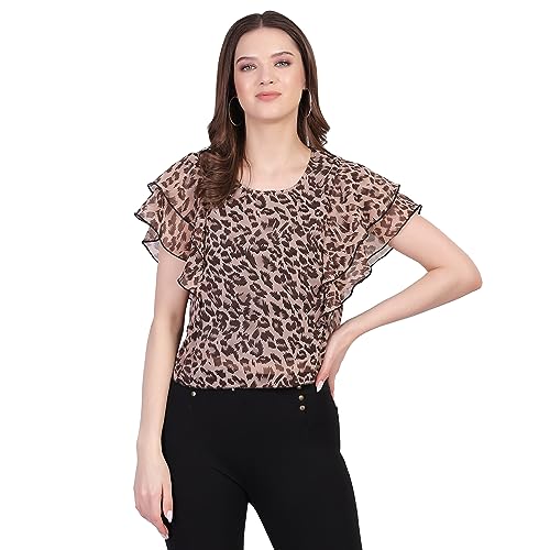 Image of Women's chita Animal Printed Ruffle Sleeve Top, Western Style, Round-Neck