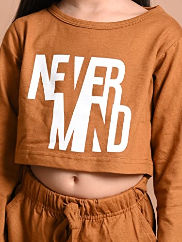 Image of LILPICKS Girls Never Mind Printed Crop Top with Jogger Set (Beige)