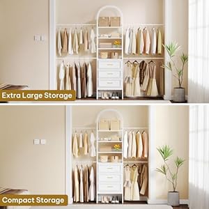 DWVO Closet Organizer System with Drawers, Heavy-Duty Arched Closet System with 4 Expandable Hanger Rods, 4 Shelves and 3 Drawers, Adjustable Walk-In Garment Rack for Bedroom Cloakroom DWVO Closet Organizer System with Drawers Heavy Duty Arched Closet System with 4 Expandable Hanger Rods 4 Shelves and 3 Drawers Adjustable Walk In Garment Rack for Bedroom Cloakroom