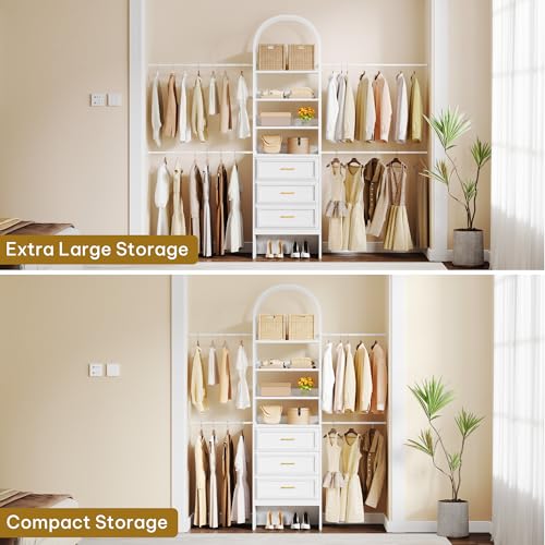 DWVO-Closet-Organizer-System-with-Drawers-Heavy-Duty-Arched-Closet-System-with-4-Expandable-Hanger-Rods-4-Shelves-and-3-Drawers-Adjustable-Walk-In-Garment-Rack-for-Bedroom-Cloakroom DWVO Closet Organizer System with Drawers Heavy Duty Arched Closet System with 4 Expandable Hanger Rods 4 Shelves and 3 Drawers Adjustable Walk In Garment Rack for Bedroom Cloakroom